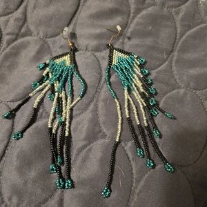 Chic Beaded Fringe Earrings in Black, Silver, and Green